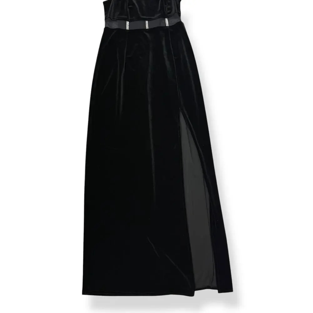 90's sexy black velvet long fitted dress with high slit and mesh crystal trim - Picture 15 of 16